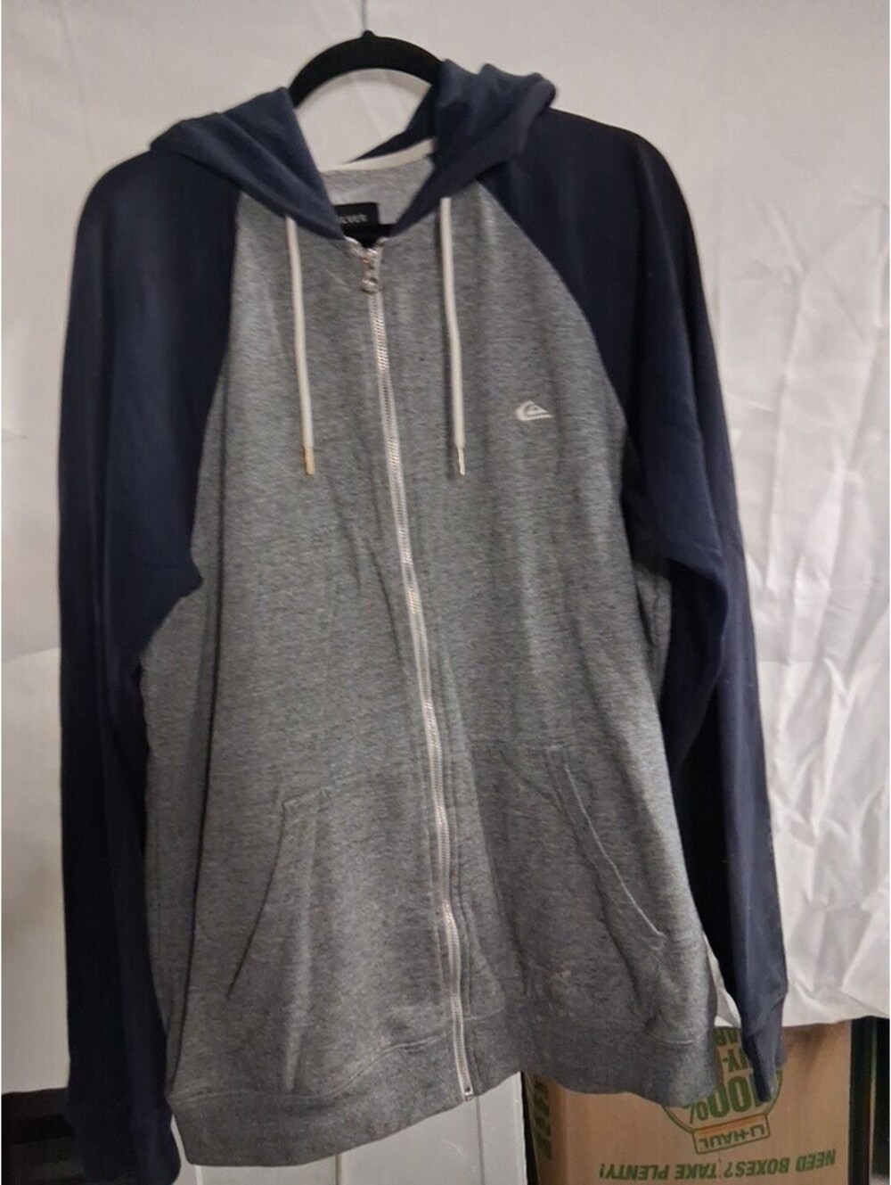 Quiksilver Hoodie Mens XL Navy Gray Full Zip Raglan Pullover Logo Sweatshirt H2